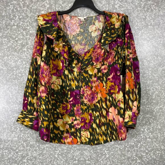 Terra & Sky NWT Green & Pink Ruffle Blouse - Plus Size 0X (14W) - Long Sleeves - Picture 1 of 7